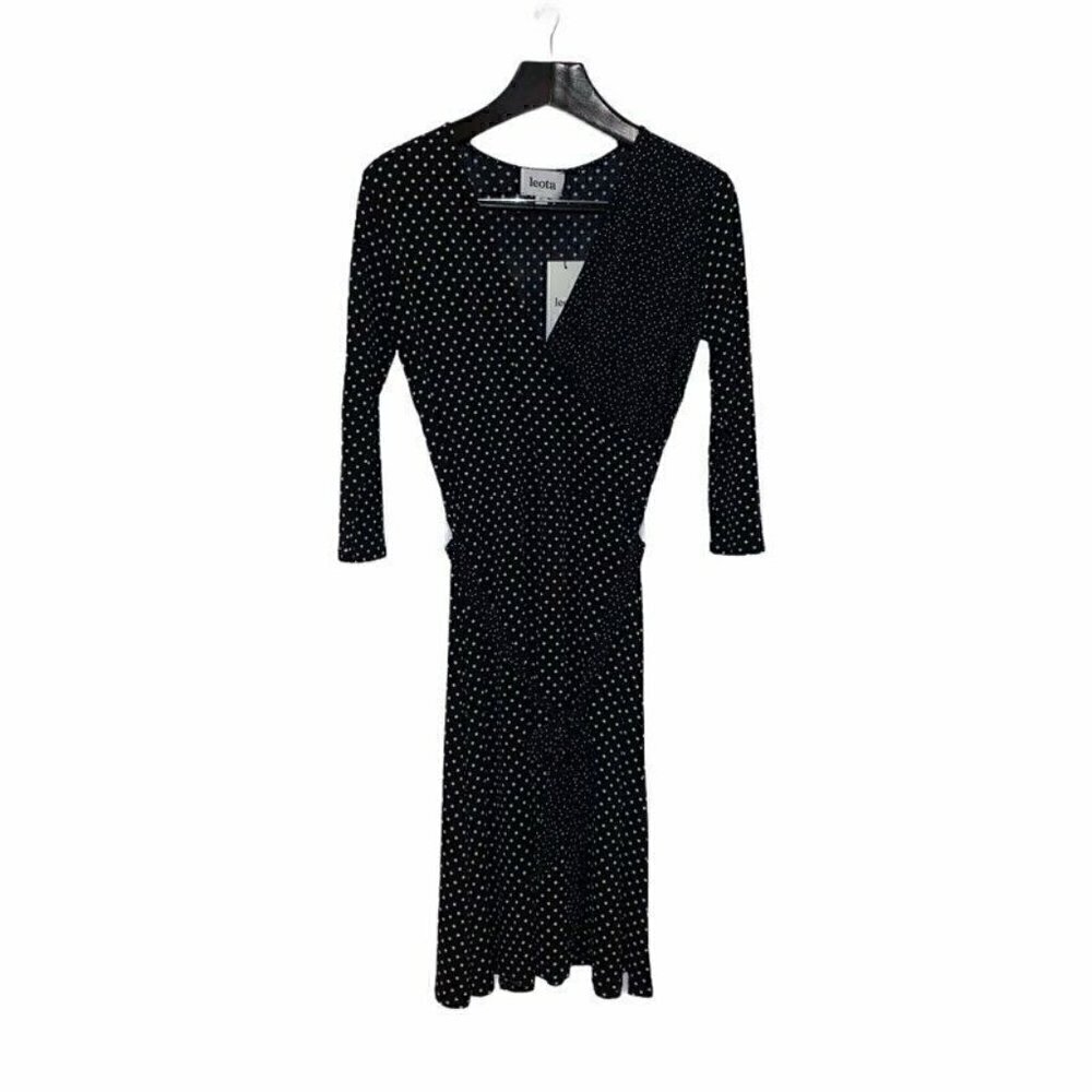 Leota Womens Perfect Wrap Dress Black White Polka Dot Belted Midi Medium New
